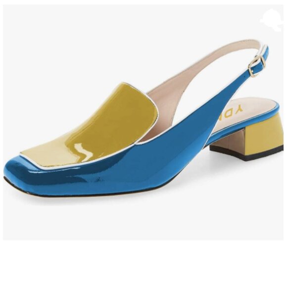 YDN Blue and Yellow Square Toe Block Low Heels Slingback Formal Dressy Shoes - Picture 1 of 8